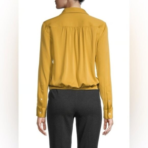 Theory Silk Blend Chiffon Tie-Front Button-Up Shirt Pocket Long Sleeve Yellow - Picture 5 of 13